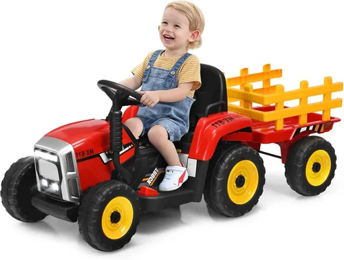 OLAKIDS Tractor de paseo para niños de 12 V, vehículo eléctrico 2 en 1 con control remoto, remolque desmontable, juguete de conducción a batería Rojo
