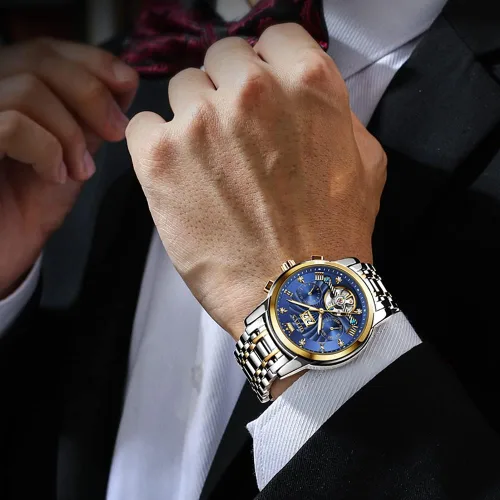 Miniatura 4 de OLEVS Relojes automáticos para hombres, reloj de pulsera mecánico de esqueleto de lujo dorado con cuerda automática, diamante luminoso, impermeable