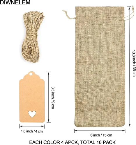 Miniatura 2 de DIWNELEM Paquete de 16 bolsas de regalo de yute de arpillera con cordón, perfectas para degustación de vinos, bodas, fiestas y viajes