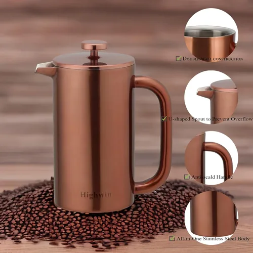 Miniatura 2 de Cafetera de 8 tazas, con prensa de café francesa, 34 onzas, acero inoxidable, resistente, tetera con desatascador de acero inoxidable, Vajilla, Cobre