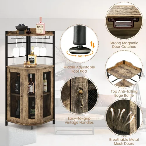Miniatura 4 de LOKO Armario esquinero para bar de vinos, gabinete industrial para vinos con puertas de malla metálica y estante ajustable, gabinete de licor
