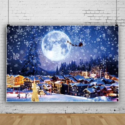 Telón de fondo de 2,1 x 1,5 m para pueblo navideño, nieve invernal, cielo nocturno, montaña, Santa, fondo para fotografía, decoración para fiesta de