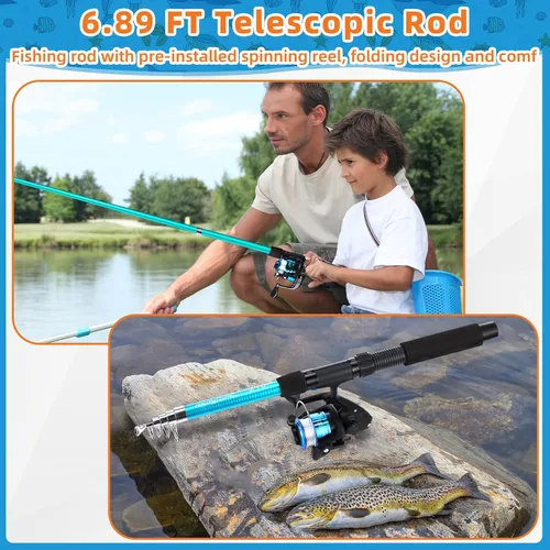Miniatura 6 de MiniInflat Combo de caña de pescar telescópica y carrete, 2 piezas de caña plegable con alicates y agarre de labios, bolsa de transporte, carrete