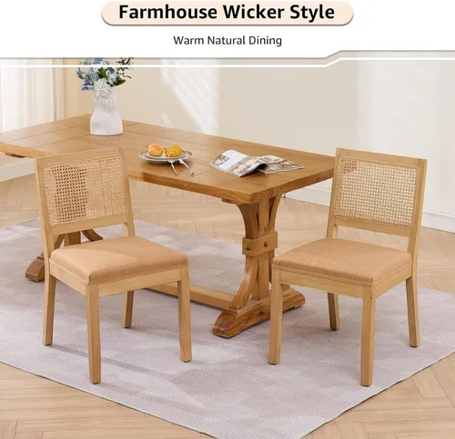 Miniatura 7 de ODUSE-DAILY Juego de 2 sillas de comedor French Country color beige, sillas de comedor de madera bohemia con respaldo tejido y asiento tapizado