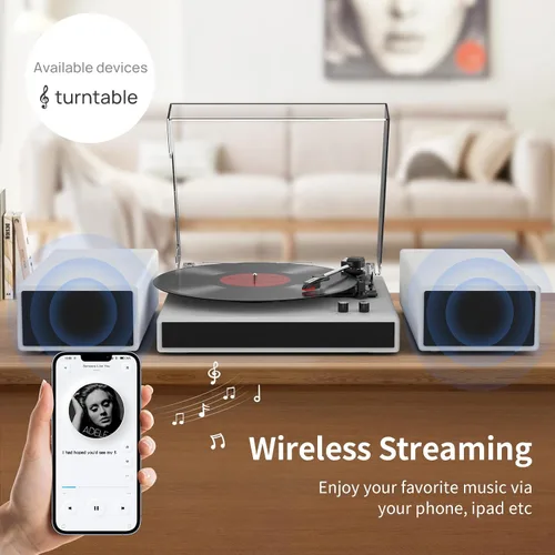 Miniatura 3 de Tocadiscos de vinilo con 2 altavoces estéreo externos, giradiscos con transmisión por correa y soporte Bluetooth, 3 velocidades, salida RCA