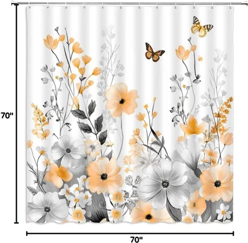 Miniatura 4 de Cortina de ducha de flores naranjas, gris quemado, floral, mariposa, granja, flores silvestres, elegante, hermosa, cortina de baño con gancho
