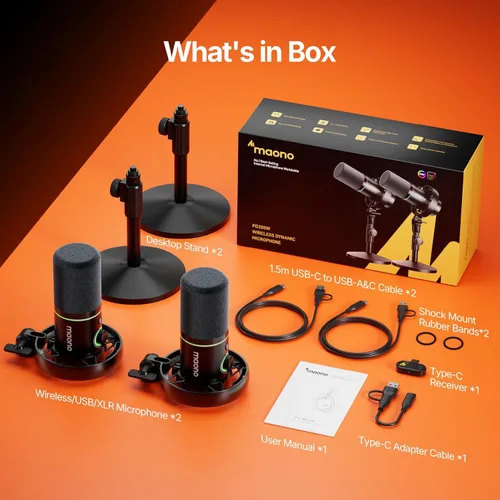 Miniatura 9 de MAONO PD200W Paquete de equipo de podcast híbrido inalámbrico para 2, kit de micrófono dinámico XLR USB con 2 soportes de escritorio, software