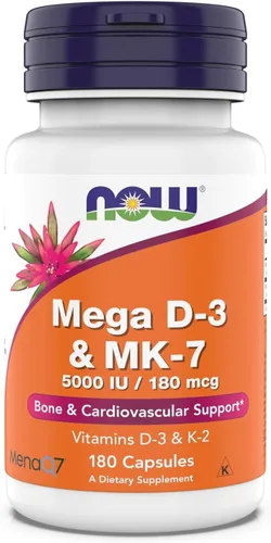 Now Supplements, Mega D-3 y MK-7, 5000 UI/180 mcg, apoyo óseo y cardiovascular*, vitaminas K-3 y K-2, 180 cápsulas