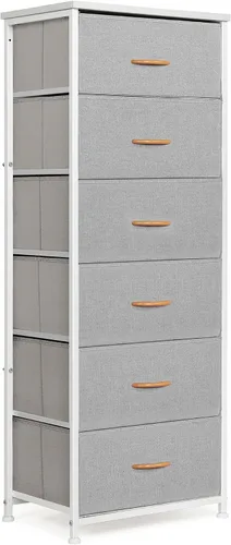 Miniatura 17 de Mifuro Cómoda alta para dormitorio con 6 cajones, torre organizadora de almacenamiento vertical, cómoda con cubos de tela, marco de acero, parte
