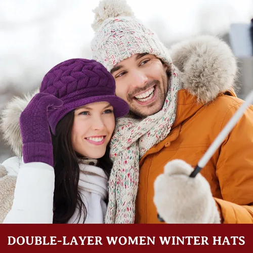 Miniatura 26 de SATINIOR Juego de 4 gorros y guantes de invierno para mujer, gorro de punto cálido, gorro de esquí de nieve con visera y guante para pantalla rojo