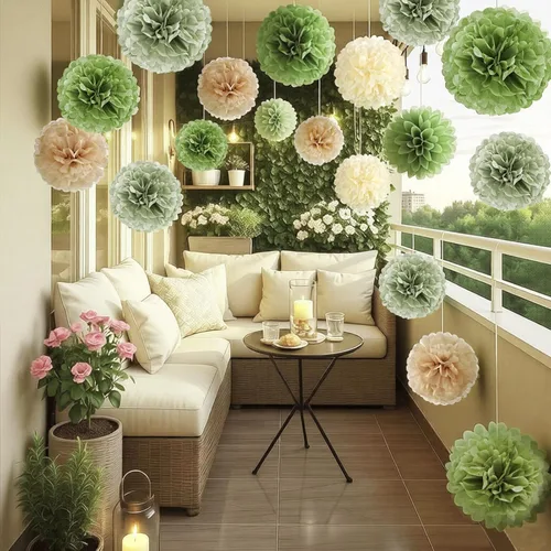Miniatura 6 de Pompones de Papel de Seda Verde Oliva Salvia Decoraciones de Fiesta Safari Selva Flores de Papel Decoraciones Verde Natural Boho Decoración Colgante