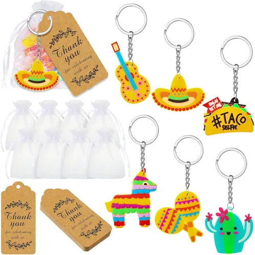 Sureio 54 llaveros mexicanos para fiestas, regalos de devolución de fiesta, letras de agradecimiento escritas a mano, regalos de fiesta de cinco de
