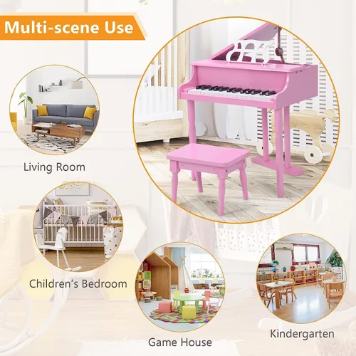 Miniatura 8 de HONEY JOY Piano clásico para niños, mini piano de cola de 30 teclas con soporte de música y banco, juguete de instrumento musical de madera con tapa
