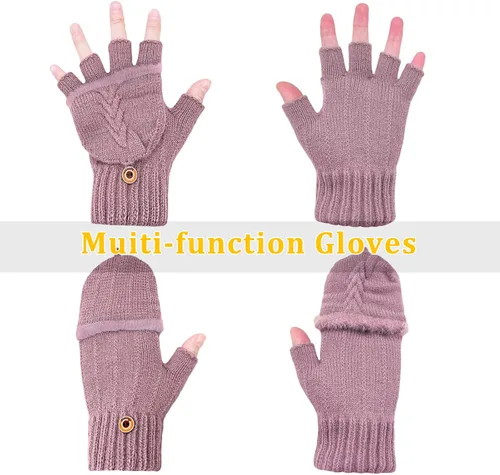 Miniatura 12 de Beurlike Guantes de invierno para mujer, de lana cálida, a prueba de viento, convertibles, sin dedos