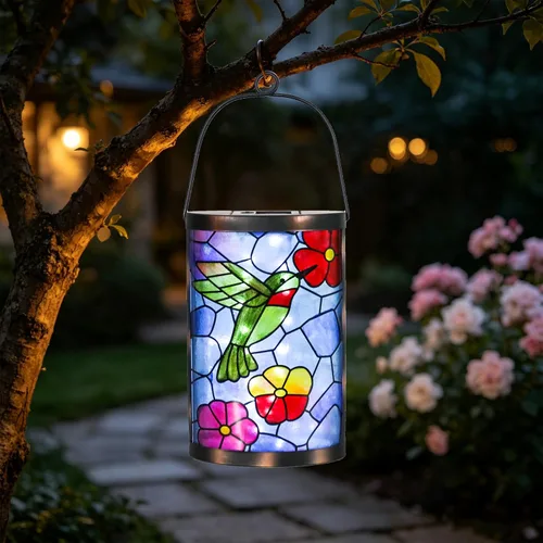 Miniatura 22 de Farol solar para exteriores, impermeable, colgante, luces solares de cristal de pájaro azul, faroles decorativos para exteriores, patio, césped