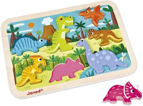 Janod - Rompecabezas grueso de dinosaurio de 7 piezas - Tiempo de juego para niños pequeños - Mejora las habilidades motoras - Diseño de madera