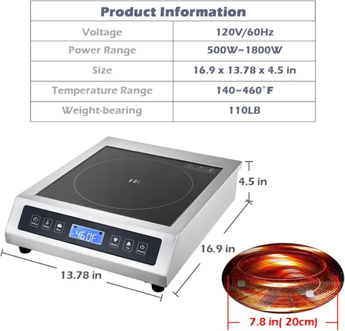 Miniatura 5 de Placa de inducción comercial, quemador eléctrico portátil para encimera con sensor táctil y pantalla LCD (1800 W/120 V), cocina de inducción