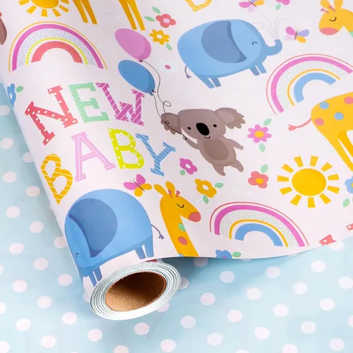 Miniatura 24 de Homeral Rollo de papel para envolver regalos azul para baby shower - Rollo mini - 17 pulgadas x 16.5 pies - Juego reversible de papel de regalo
