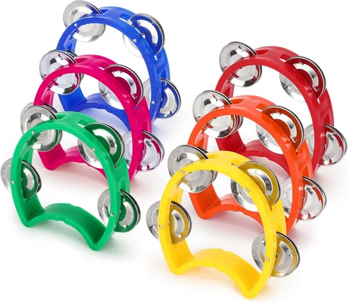 Miniatura 8 de Paquete de 4 panderetas de percusión de plástico, mini campanas de percusión con 4 cascabeles, instrumento musical de percusión de mano para adultos