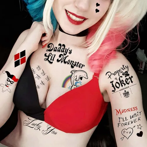 Miniatura 7 de COKTAK 6 hojas de tatuajes temporales HQ para mujeres, niños y hombres, kit de maquillaje de Halloween, cosplay, tatuajes falsos de rostro, Joker-B