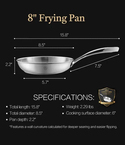 Miniatura 9 de Sartén de acero inoxidable de 8 pulgadas, base revestida de 5 capas, sartenes seguras de 800 ℉ para calentamiento uniforme, utensilios de cocina