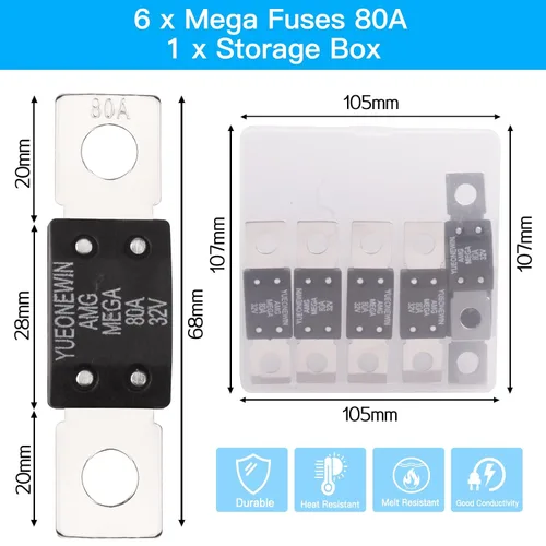 Miniatura 2 de Fusibles de alta corriente Mega/Amg 80A – 6 piezas de retardo de tiempo de fusibles automáticos atornillados para automóviles, camiones, vehículos