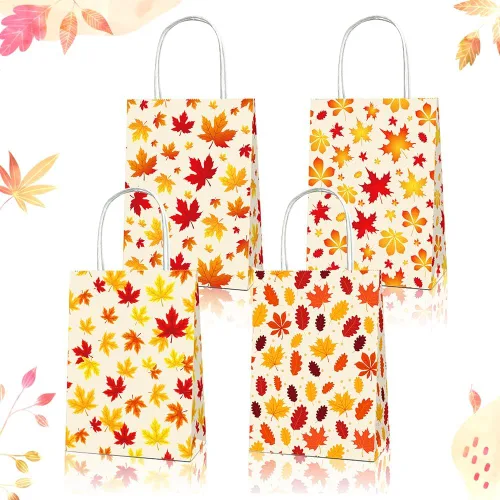 12 bolsas de regalo de otoño para fiesta de Acción de Gracias, hojas de arce naranja de otoño, bolsas de comestibles, bolsas de papel de Acción de