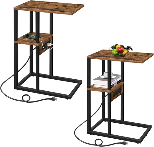 Miniatura 17 de TUTOTAK - Mesa auxiliar en forma de C con estación de carga, mesa auxiliar, mesa de sofá para espacios pequeños, bandeja de TV con 2 puertos USB