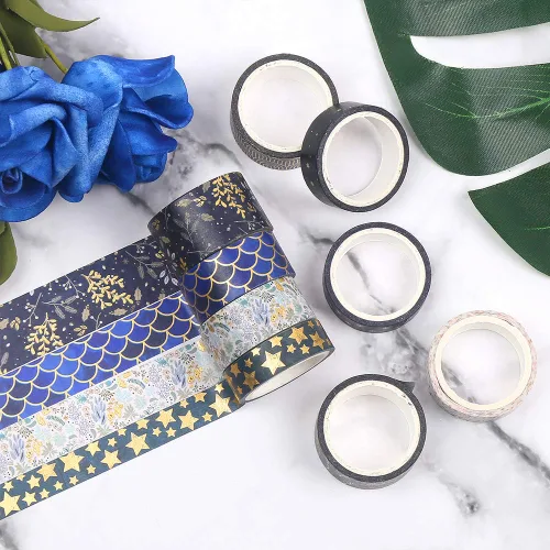 Miniatura 5 de CCINEE Cinta Washi de lámina dorada negra, cintas de enmascarar decorativas florales para diario de viñetas, álbumes de recortes, planificador