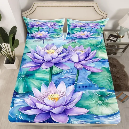 Miniatura 4 de Manfei Sábana bajera ajustable de flor de loto morado, tamaño individual, juego de ropa de cama bohemio de libélula de 2 piezas para niños, niñas