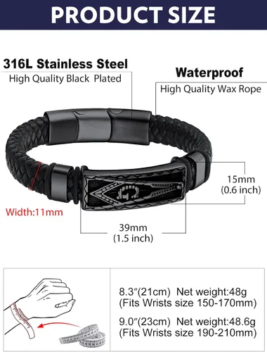 Miniatura 6 de Bandmax Pulsera trenzada de cuero negro para hombre con colgante gótico punk, pulsera de cuero con hebilla de acero inoxidable, paquete de regalo