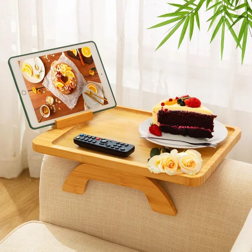 Miniatura 8 de SINWANT Mesa de Brazo para Sofá, Mesas de Reposabrazos de Sofá de Madera de Acacia, Mesa de Reposabrazos de Sofá con Soporte para Teléfono de 360°