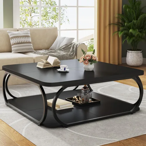 Miniatura 4 de Tribesigns Square Coffee Table with Open Storage Shelf for Living Room, 39 Inch Large Wood Center Table 2 Tier Low Coffee Tables Farmhouse Tea Table