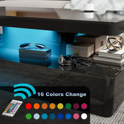 Miniatura 4 de Mesa de centro LED moderna, mesa de centro negra de alto brillo con luces LED de 16 colores, rectangular, 43.3 x 23.6 x 15.4 pulgadas Negro