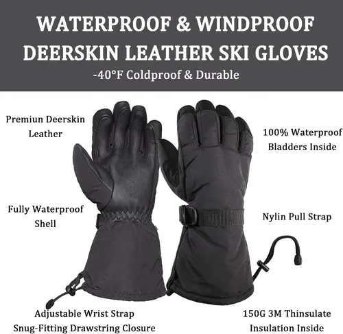 Miniatura 3 de SKYDEER Waterproof and Windproof Genuine Deerskin Leather Ski Gloves with 150g 3M Thinsulate Insulation (SD8648T)