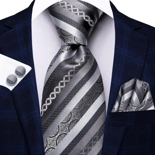 Miniatura 113 de Hi-Tie Corbatas de seda para hombre, diseño de cachemira a rayas, con bolsillo, gemelos cuadrados, conjunto formal de negocios