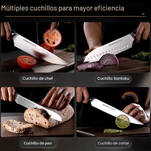 Miniatura 7 de Astercook Juego de cuchillos de cocina con bloque y afilador doble, 15 cuchillos de acero inoxidable alemán de hoja afilada, aptos para Premium