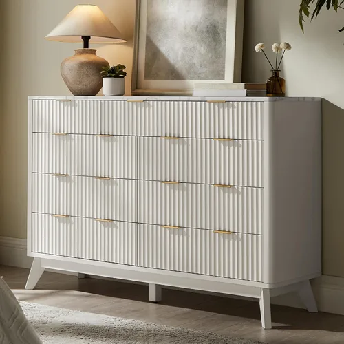 Miniatura 29 de T4TREAM Cómoda acanalada de 3 cajones, cómoda moderna de 32 pulgadas de alto, diseño de perfil curvo, organizador de cajones de madera para Aliso