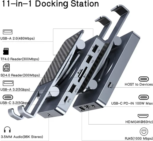Miniatura 2 de Estación de acoplamiento USB C rotativa 360° para iPad Pro, Tablet, Samsung, Steam Deck, ROG Ally, Legion Go, Msi Claw, etc, 11 en 1 con lector SD