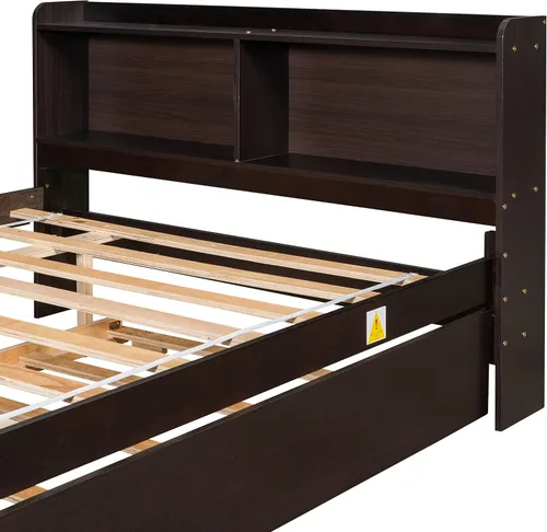 Miniatura 5 de Polibi Cama de plataforma de tamaño matrimonial con nido individual y estantería, cama de plataforma de almacenamiento de madera con cabecera