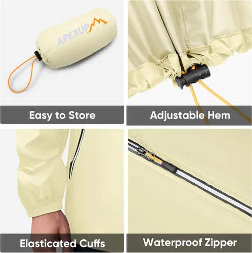 Miniatura 5 de APEXUP Chaqueta de lluvia empacable para hombre con cremallera reflectante, impermeable ligero, chaqueta de lluvia para hombre para deportes al aire