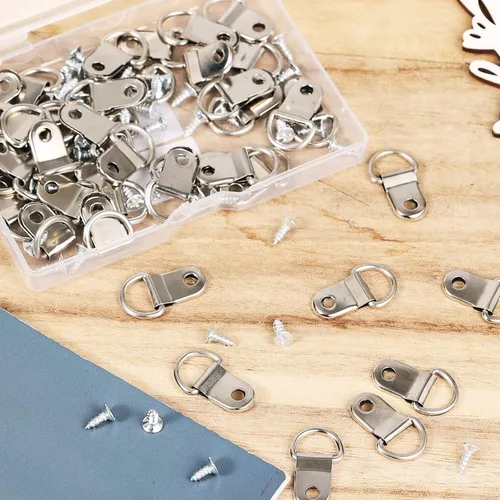 Miniatura 6 de Juego de 50 ganchos de anillos en D, resistentes y pequeños anillos en D con 50 tornillos chapados en níquel, marco de fotos, kit de alambre