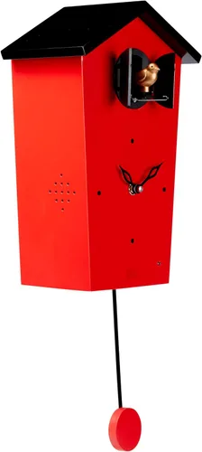 Miniatura 2 de KOOKOO Birdhouse Red Limited Edition, reloj de cuco de diseño moderno con 12 voces naturales de pájaros o llamada de cuco Rojo
