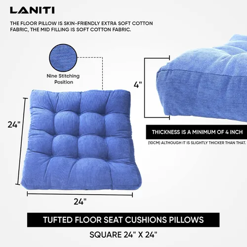 Miniatura 5 de LANITI Cojines de suelo extra grandes de 24 pulgadas para adultos, almohada cuadrada de meditación, máxima comodidad, almohadas de gran