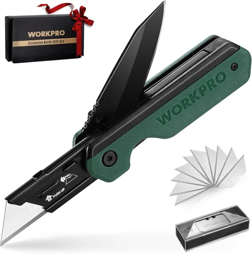 Miniatura 10 de WORKPRO Cuchillo plegable 2 en 1/cuchillo utilitario, regalos para papá, cortador de caja de cambio rápido con clip para cinturón y bloqueo de Madera