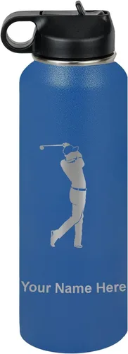 Miniatura 23 de LaserGram Botella de agua personalizada, golfista de golf, acero inoxidable de doble pared aislada al vacío con popote superior, regalo grabado Negro
