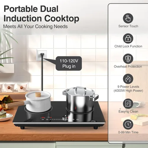 Miniatura 3 de VBGK Cocina de doble inducción,Cocina de inducción de 4000 W 2 quemadores,Placa caliente de 110 V quemador eléctrico Placa de cocción de inducción