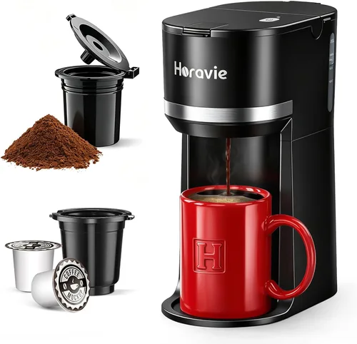 Horavie Mini - Cafetera de porción individual para cápsulas K Cup y café molido, máquina de café de preparación rápida de una taza con recordatorio