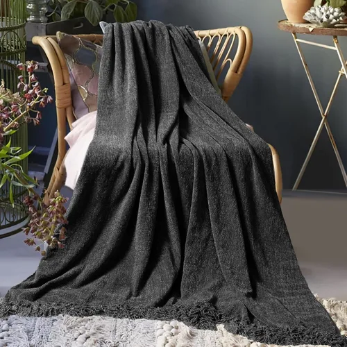 Miniatura 8 de Manta Chenille para sofá, 50" x 60", manta suave y acogedora con borlas de flecos para cama, sofá y silla, manta bohemia tejida ligera decorativa