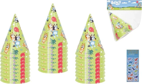 El paquete único de suministros para fiesta de cumpleaños de Bluey incluye 24 sombreros de fiesta